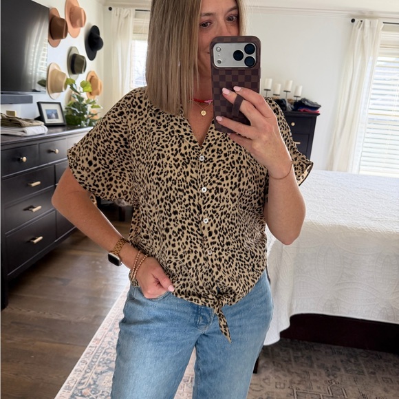 Ellison Tops - Leopard Print Button-Up Blouse
